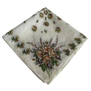 Vintage Womens Floral Handkerchief Yellow Roses  Delicate Green Accents Cotton B